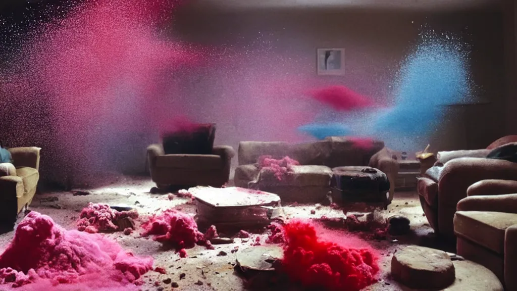 Image similar to colored powder explosion in the living room, film still from the movie directed by Denis Villeneuve with art direction by Salvador Dalí, wide lens