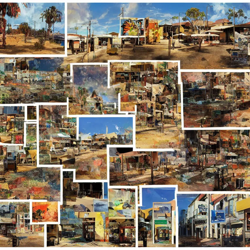 Image similar to collage of a small town in the outback, concept art, aesthetically pleasing natural colors, art by mimmo rotella, collage