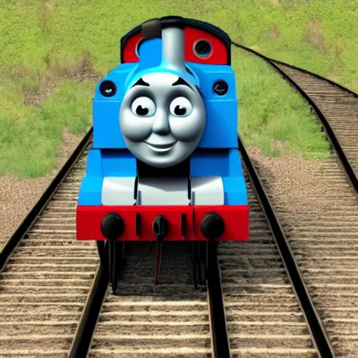 Prompt: the most smug looking Thomas the tank, rendered in redshift