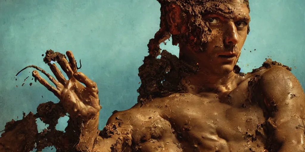 Image similar to highly detailed photography of a men made of rust clay with fire, rocks, hand gesture, dust particles, dirt, dramatic scene, aesthetic dynamic lighting, masterpiece, by roberto ferri, blue background, high quality, spatula