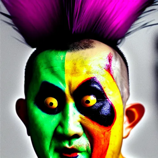 Image similar to photorealistic portrait photograph of a crazy buddhist monk with painted face as in peking opera and rastafarian rainbor color hair with spikes and rings in pierced face ears and nose like punks