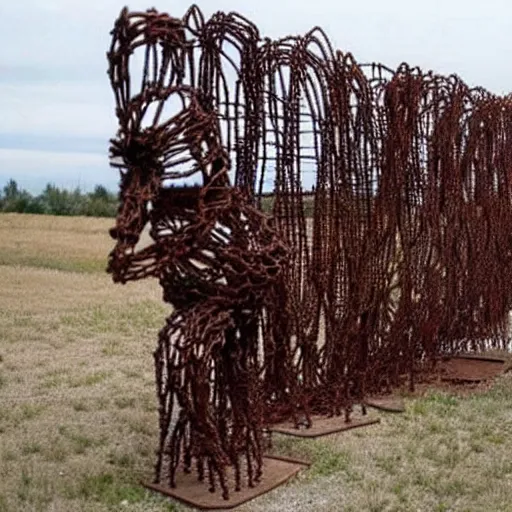 Prompt: sculpture made out of rusty barbed wire.