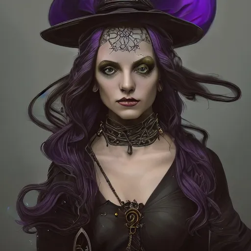 Image similar to an insanely detailed portrait of a beautiful witch standing in an alchemy lab, long purple hair, tightly fitting black ornate dress and black witch hat, in the style of peter mohrbacher, artgerm, dramatic lighting and composition, octane render, trending on artstation, concept art 8 k