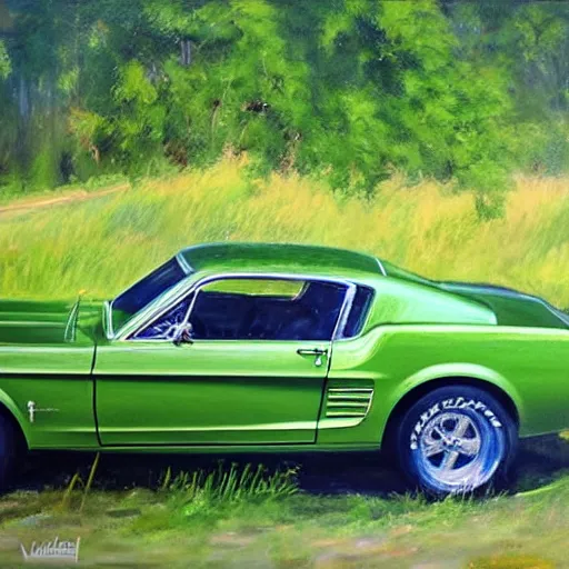 Image similar to green 1967 Ford Mustang GT, Swedish countryside, painting by Vladimir Volegov