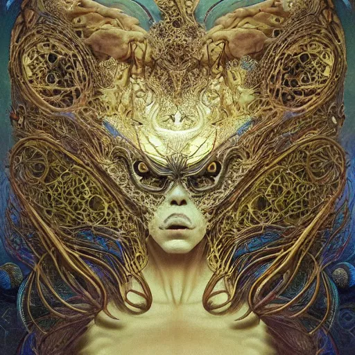 Image similar to a creature from a parallel universe by alexander mcqueen, zdzisław beksinski and alphonse mucha. highly detailed, hyper - real, very beautiful, intricate fractal details, very complex, opulent, epic, mysterious, trending on deviantart and artstation