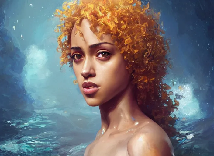 Prompt: A portrait of Nathalie Emmanuel as a mermaid by Ruan Jia and Mandy Jurgens and Artgerm and william-adolphe bouguerea, highly detailed, trending on artstation, award winning