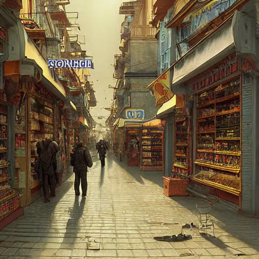 Prompt: A fantasycore of a convenience store with photograph of 2022 portugal lisbon on the street of a very highly detailed logital eldritch city matte painting art by Greg Rutkowski and James Gurney and Donato Giancola, a 12x(very) much logical detailed Dimensional cyan gold natural light, highly logical and striking detailed architecture by alphonse mucha