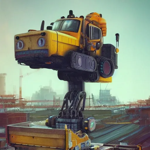 Image similar to friendly looking construction robot truck waiting at a construction site : : by beeple and james gilleard and justin gerard : :, centered, artstation, smooth, sharp focus, photoreal octane render, 3 d, by jean - baptiste monge!!!!!!!