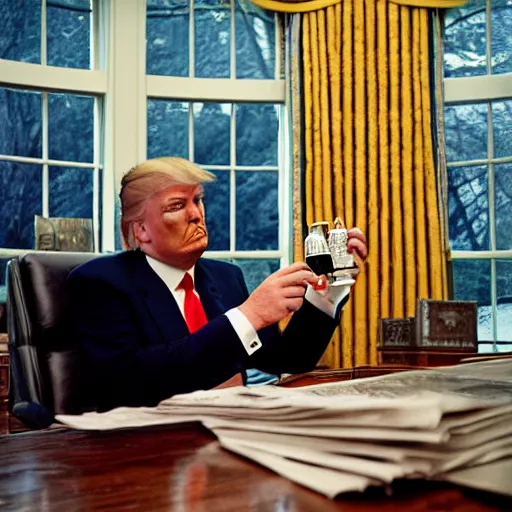 Image similar to Donal Trump drinking out of a bottle of whiskey, Oval Office, newspaper picture, realistic, close-up, pulitzer-prized photo, by Steve McCurry