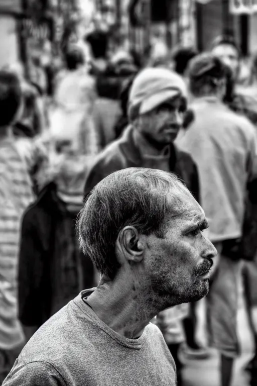 Prompt: man standing in the middle of a crowded street with a concerned expression, detailed face, medium shot, 4k high res, 120 black and white film