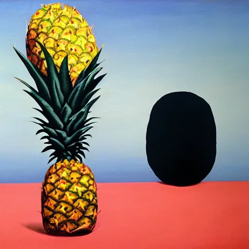 Prompt: The painting The Son of Man by René Magritte except with a pineapple and Patrick Star