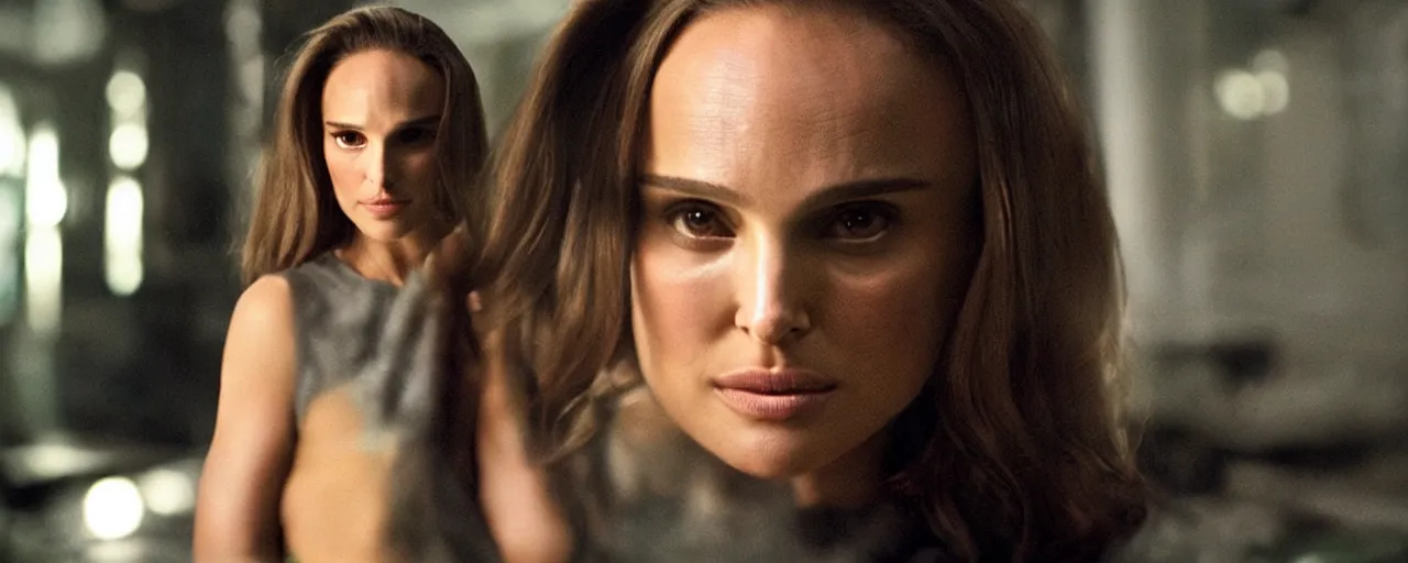 Prompt: “ natalie portman starring as the incredible hulk, film still, studio lighting, wide shot of new york city ”