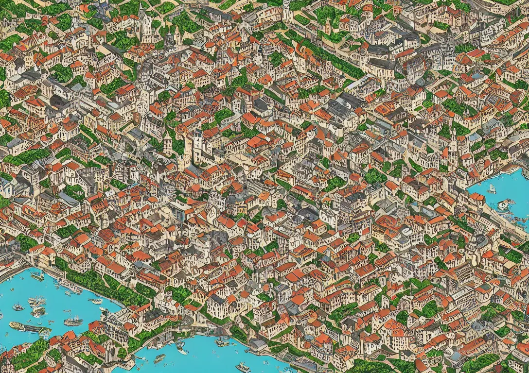 Prompt: wallpaper medieval city tourist map twisty streets, towers, city wall, temples, market square, d & d, engraving, isometric view, ocean port, market, castle, cartoony
