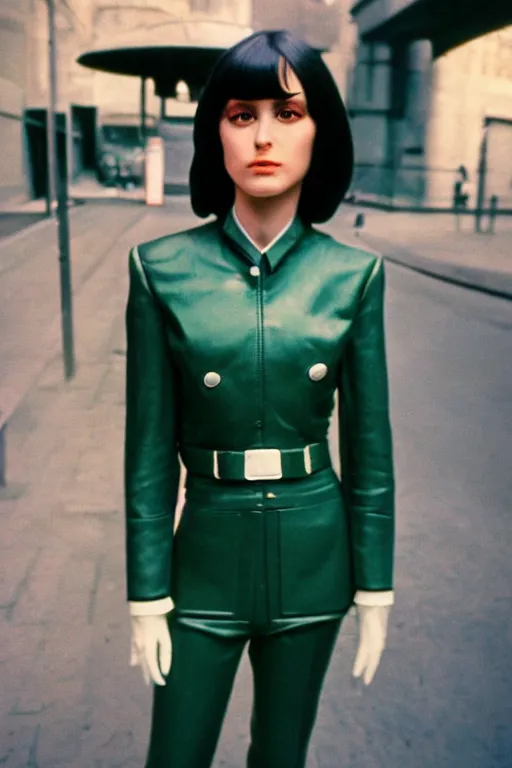 Prompt: ektachrome, 3 5 mm, highly detailed : incredibly realistic, perfect features, beautiful three point perspective extreme closeup 3 / 4 portrait photo in style of chiaroscuro style 1 9 7 0 s frontiers in flight suit cosplay paris seinen manga street photography vogue fashion edition