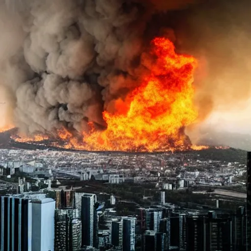 Prompt: a city is getting destroyed with fire and buildings are breaking a man from higher elevation looking at city detailed
