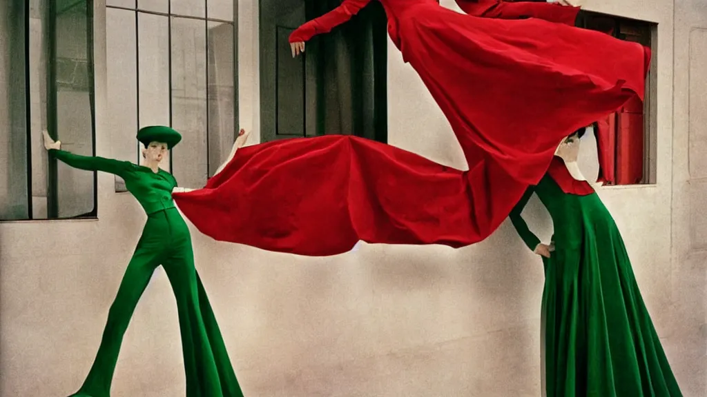 Image similar to Editorial photoshoot for Vogue Italy, haute couture, red and green, 70's, shot on film, photograph inspired by Edward Hopper and René Magritte, editorial photoshoot photographed by Tim Walker