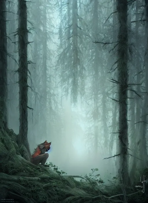 Image similar to a werewolf crouched in a foggy forest, fantasy Art by John Stephans Hyper detailed digital matte painting, concept art, hyperrealism, Cinema 4D, 8k resolution, 64 megapixels, coherent, bokeh, CGSociety, ZBrush Central, behance HD, hypermaximalist, a masterpiece, 4K