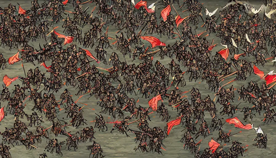 Image similar to fight between and mongols and chinese, artstation, thousands of fighters, birds eye view