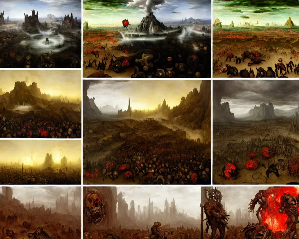 Image similar to doom eternal by jakub rozalski, zoomed garden of eternal delights hell by hieronymus bosh, zoom on triumph of death by pieter brueghel, doom eternal by hieronymus bosh