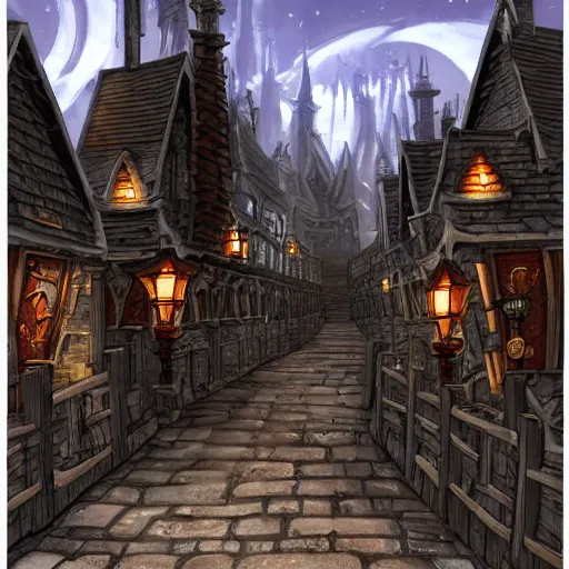 Prompt: medeival fantasy town, slight ruination, night, street blocked by wooden palisade!!, photo, artstation