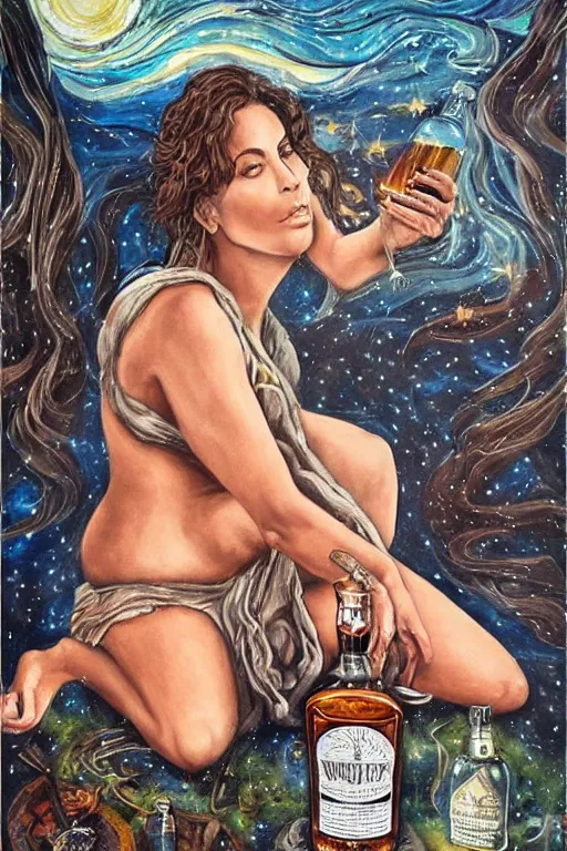 Prompt: a dramatic, epic, ethereal painting of a !!!gorgeous!!! kim kardashian sweating and oily offering a whiskey bottle | she is a cowgirl relaxing by a campfire | background is a late night with food and jugs of whisky | cute | stars, tarot card, art deco, art nouveau, mosaic, intricate | by Mark Maggiori (((and Alphonse Mucha))) | trending on artstation