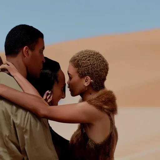 Prompt: a tan-skinned male detective is hugging a light skinned female detective of the same height from behind. The two are facing the same direction and are standing in the desert while the female detective leans into the male detective's embrace