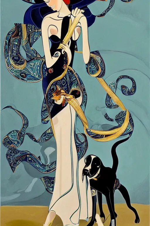 Prompt: beautiful painted woman fashion with dog on leash oil painting by Erte