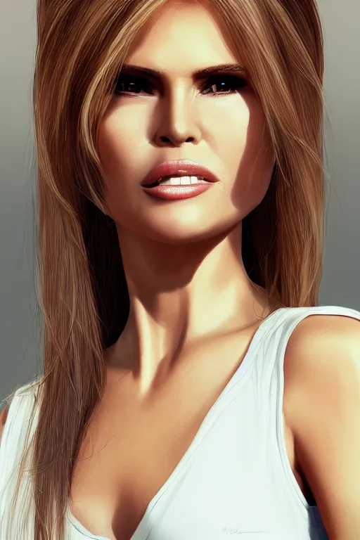 Prompt: portrait of a mix of young maria shriver, mariel hemmingway, melania trump and elle macpherson as an angel, thin lips, hair tied up in a pony tail, white, vine, artstation, cgsociety