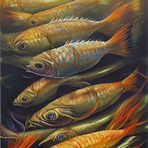 Image similar to surprised fish sitting on the top of a pile of fish, all the fish are inside a cooking pot on fire, side view, by vladimir kush, dystopian art, rococo