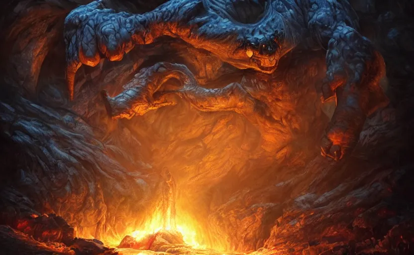 Image similar to a hyper-realistic oil painting of Balrog in the caves of Moria; swirling sheets of light and fire; hyper-detailed; an extraordinary masterpiece!!!; flawless; trending on artstation