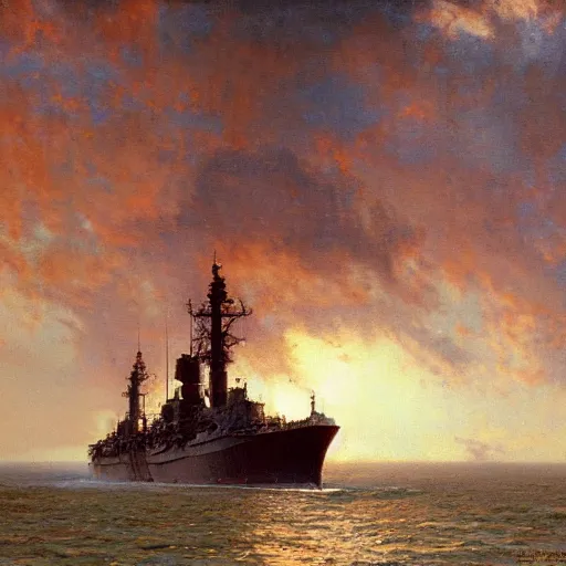 Image similar to detailed cinematic wide shot of world war 2 battleship, ultra realistic, spring light, painting by gaston bussiere, craig mullins, j. c. leyendecker