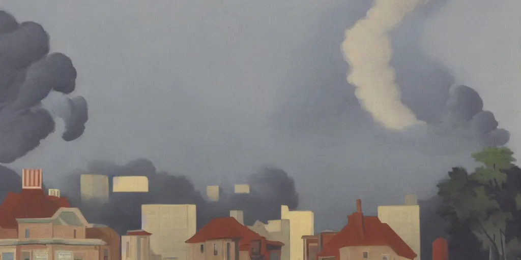 Image similar to In the foreground is a small red house, and in the background is the smoky Shanghai City, George Ault painting style.