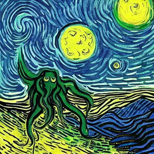 Prompt: cthulhu coming from the night sky of a city, painting by van gogh