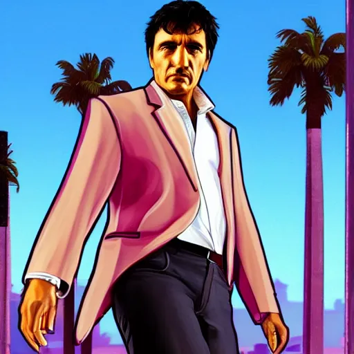 Image similar to tony montana, gta vice city loading screen, box art