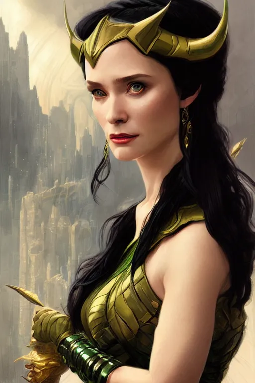 Image similar to portrait of lady loki, D&D, fantasy, highly detailed, digital painting, artstation, concept art, smooth, sharp focus, illustration, art by artgerm and greg rutkowski and alphonse mucha