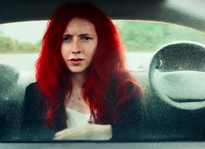 Image similar to A very high resolution image from a new movie, inside of a car, red hair woman, raining, hot, directed by wes anderson