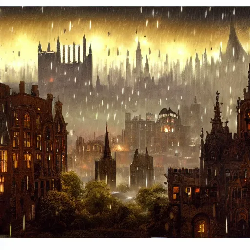 Image similar to sprawling view of gothic city under meteor rain, fantasy