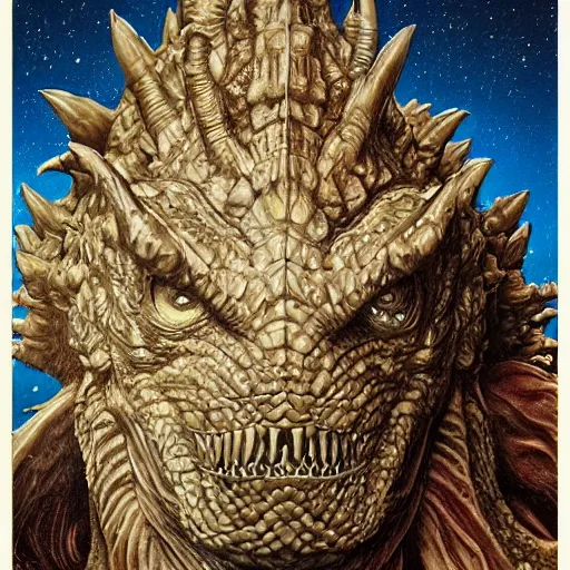 Prompt: portrait of godzilla made with porcelain by Jeff Easley and Peter Elson + beautiful eyes, beautiful face + symmetry face + border and embellishments inspiried by alphonse mucha, fractals in the background, galaxy + baroque, gothic, surreal + highly detailed, intricate complexity, epic composition, magical atmosphere + masterpiece, award winning + trending on artstation