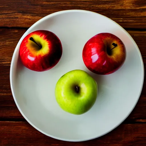 Image similar to a wide angle side view realistic photo of only 3 apples on a colorful plate, award winning