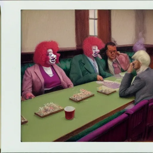 Image similar to a polaroid of a highly detailed beautiful portrait close up hyper realistic photograph of british members of parliament in the house of commons wearing pastel coloured clown costumes, they are smoking cannabis. without visible brushstrokes but in the style of edward hopper, richard hamilton. concept art. green leather benches. photographic. concept. crisp. no artefacts. desaturated. high fidelity facial portrait. 8 k