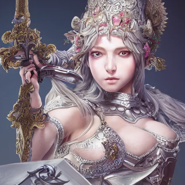 Image similar to studio portrait of lawful good colorful female holy knight paladin as absurdly beautiful, elegant, young sensual gravure idol, ultrafine hyperrealistic detailed face illustration by kim jung gi, irakli nadar, intricate linework, sharp focus, bright colors, matte, octopath traveler, final fantasy, unreal engine highly rendered, global illumination, radiant light, intricate environment