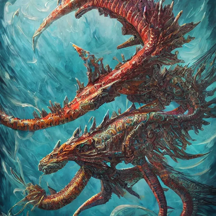 Prompt: underwater sea dragon full body, d & d style, trending on artstation, intricate, highly detailed, vivid painting, colorful, art by alexandr leskinen