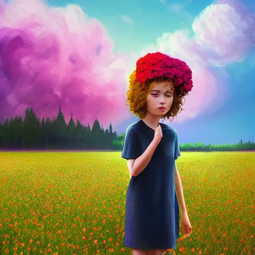 Image similar to head made of carnations flower, girl standing in a vast flower field, surreal photography, sunrise dramatic light, impressionist painting, colorful clouds, large sky, digital painting, artstation, simon stalenhag, flower face