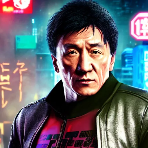 Prompt: jackie chan portrait, Cyberpunk 2077, cyberpsycho, photorealistic, ultra detailed, neon, octane, bokeh, cyber, cyberpunk city, feature, scars, cyberface, 8k