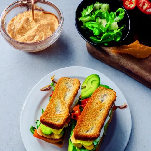 Image similar to sandwich with fried tofu, one red tomato slice, mayo, onion, avocado, melted cheddar, in a red dish, background with saturn and stars in the sky