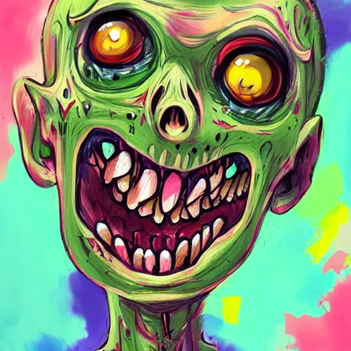 Prompt: colorful illustration of happy zombie, by zac retz and junji ito