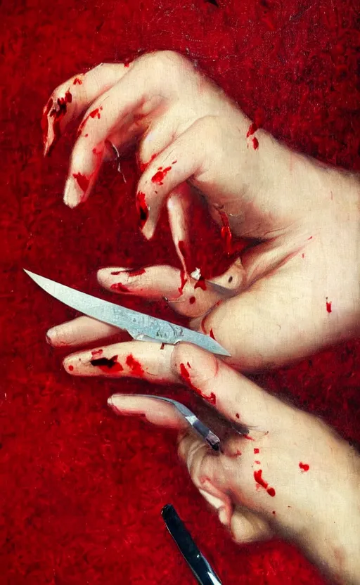 Image similar to by 1 9 th century famous painter, hands, nail polish, blood smear, blood dripping, knife, realism, realistic, oil painting, red wallpaper background