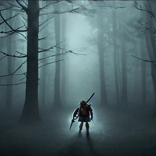 Prompt: Link from Legend of Zelda walks alone through the woods at night, gloomy, dark, foggy, night, ominous, dark color, atmospheric, cinematic lighting, intricate detail?