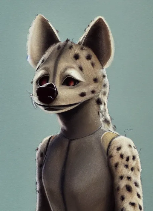 Image similar to oil painting detailed full body of anthromorphic female hyena, in style of zootopia, zootopia, zootopia, fursona, furry, furaffinity, 4 k, deviantart, furry art, fursona art, wearing astronaut outfit, in style of zootopia, hyena fursona, cyberpunk, female, detailed feminine face,