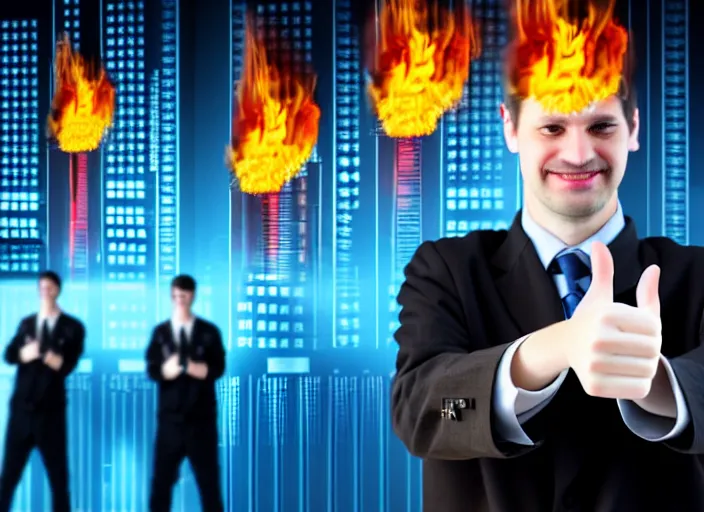 Prompt: A photo of a system administrator doing a thumb up to the camera in front on burning servers, servers in flames in the background, happy system administrator doing a thumb up, uncropped, full body